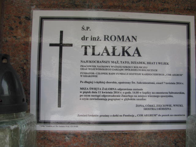 Roman Tlałka 1938 Kraków-Salwator - Grobonet - Wyszukiwarka osób pochowanych