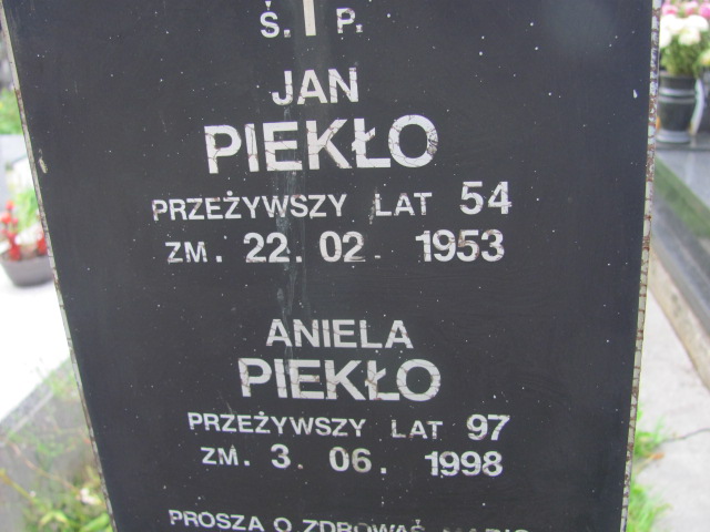 Aniela Piekło 1901 Kraków-Salwator - Grobonet - Wyszukiwarka osób pochowanych